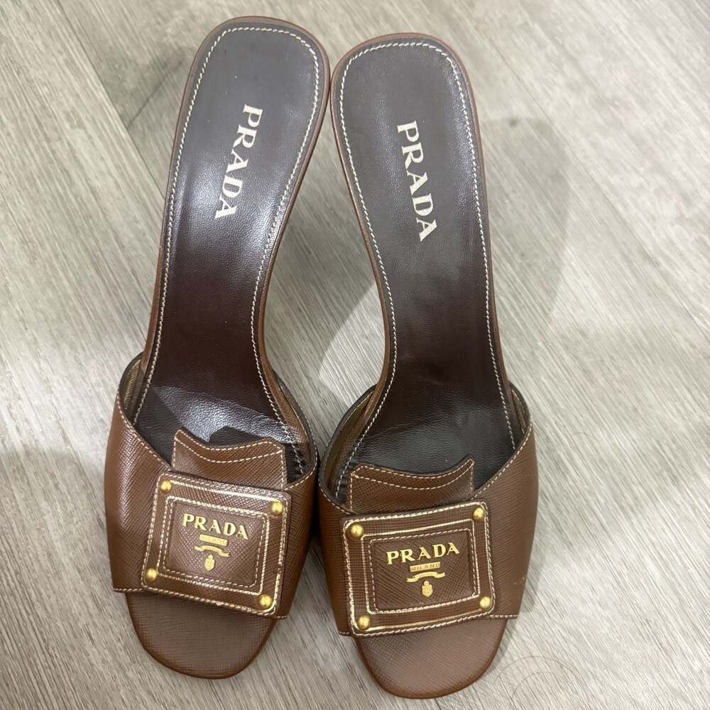 Prada Saffiano Leather Logo Plaque Kitten Heel Mules in Brown